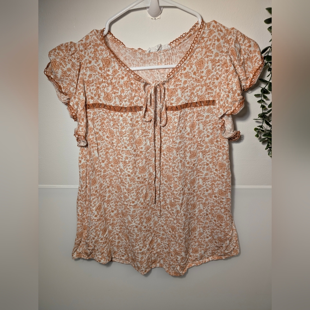 MINE Boho Floral Crochet Tie‑Front Top • Size S